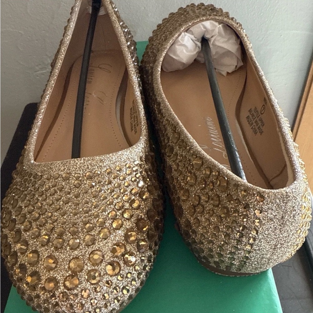 Lauren Lorraine Brea Nude Gold Ballet Embellished Glitter Flats Size 7 NIB​ - Picture 2 of 7